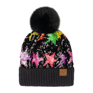 CC Sequin Fur Pom Beanie