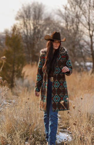 Ladies Long Aztec Jacket/ Coat with Removable Fur- L-25608