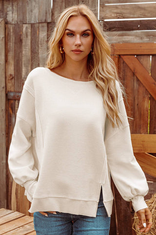Waffle Knit Bishop Sleeve Split Oversized Sweatshirt