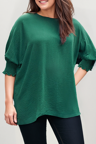 Smocked Wrist Round Neck Half Sleeve Knit Top (S-2XL)