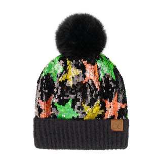 CC Sequin Fur Pom Beanie