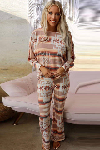 Multicolour Aztec Print Puff Sleeve Pullover and Pants Loung