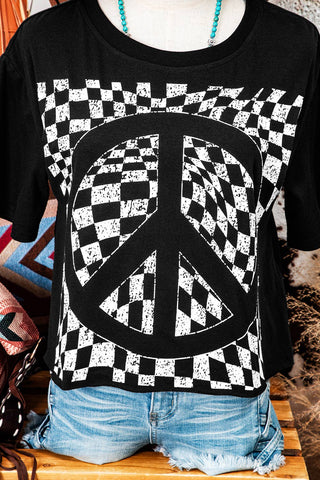 Fashion-W Checkerboard Peace Sign Printed Round Neck T Shirt