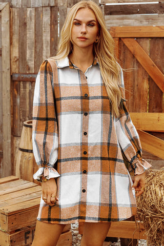 Plaid Collared Neck Ruffled Sleeve Shirt Dress