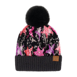 CC Sequin Fur Pom Beanie