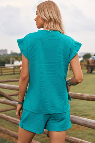Textured Ruffle Split Top and Drawstring Shorts