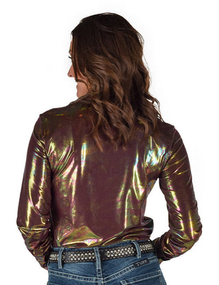 Button-Up Top | Burgundy Metallic Foil Lightweight Stretch Jersey
