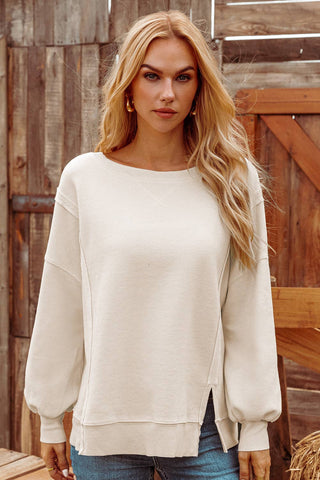 Waffle Knit Bishop Sleeve Split Oversized Sweatshirt