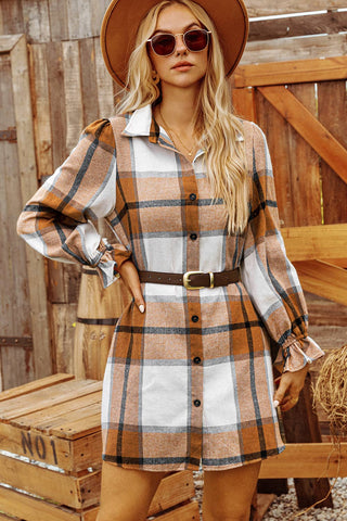 Plaid Collared Neck Ruffled Sleeve Shirt Dress