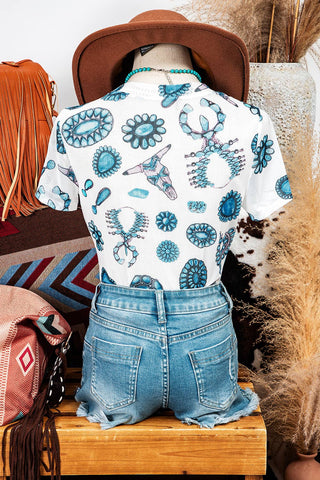 Western Turquoise Printed Crewneck Slim Fit Tee