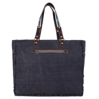 Upcycled Canvas & Leather Women’s Weekender Bag With Zipper Pockets, Black/White