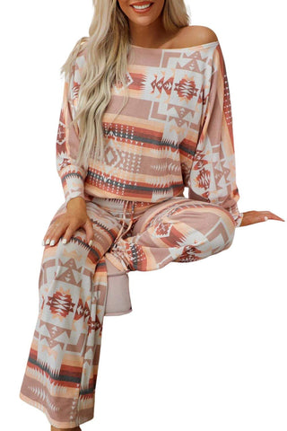 Multicolour Aztec Print Puff Sleeve Pullover and Pants Loung