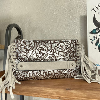 Silver Tooled Leather Clutch with Brown Wash & Suede Fringe