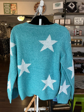 Turquoise Star Pattern Wool Crewneck Sweater