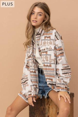 Blue B - 32147JPLUS - Jacquard Aztec Western Shirt Jacket PLUS: 2XL / BEIGE