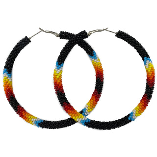Black Fire Beaded Hoop Earrings, 3-Inch Czech Seed Beads, Native-Inspired Statement