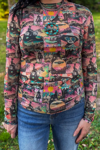 Cosmic Cowgirl Long Sleeve Mesh Top