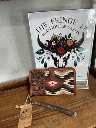 Western Slim Wallet | Aztec Floral Tooled Leather Wristlet