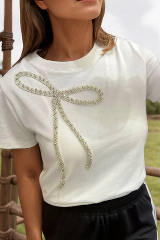 Rhinestone Bow Embellished Round Neck Tee