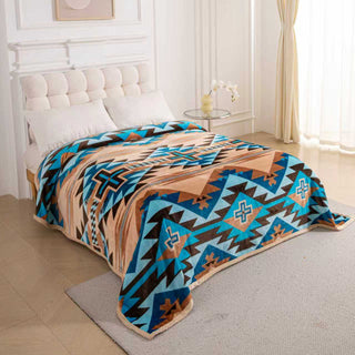 King Size Blanket | Tan & Blue Southwest Aztec Super Plush
