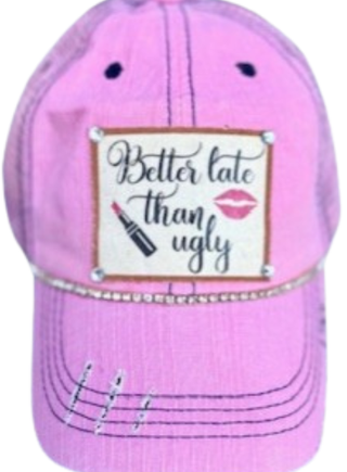 (#155) "BETTER LATE THAN UGLY" DISTRESSED TRUCKER HAT
