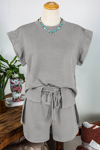 Textured Ruffle Split Top and Drawstring Shorts