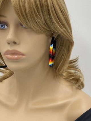 Black Fire Beaded Hoop Earrings, 3-Inch Czech Seed Beads, Native-Inspired Statement