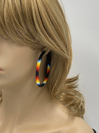 Black Fire Beaded Hoop Earrings, 3-Inch Czech Seed Beads, Native-Inspired Statement
