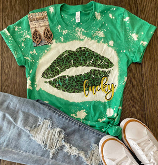 Bleached Leopard Lucky Lips Graphic Tee, One-Of-A-Kind Green Custom Bleach T-Shirt