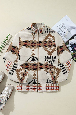 Lovesoft - Beige Aztec Printed Stand Neck Zip Up Jacket