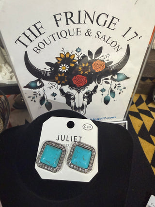 Western Turquoise Clip-On Earrings with Square Design