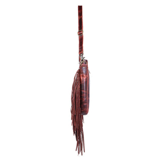 Leather  Fringed Women Crossbody - Rustic Cherry Stone Aztec