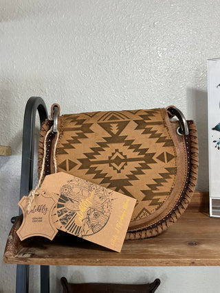 Women’s Western Suede Saddle Bag – Aztec Embossed Flap & Cross-Stitch Edge