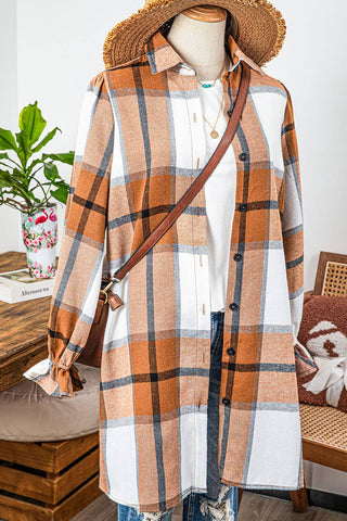 Plaid Collared Neck Ruffled Sleeve Shirt Dress