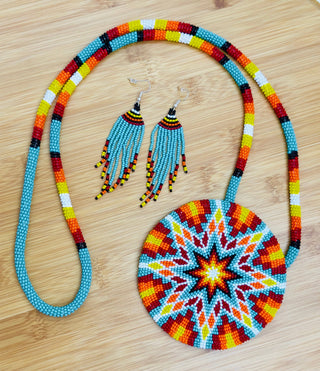 Sea Green Multi color Sunburst Beaded Pendant Necklace & Earrings Set