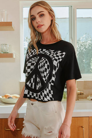 Fashion-W Checkerboard Peace Sign Printed Round Neck T Shirt