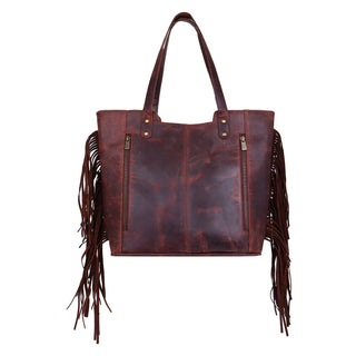 Leather Suede Fringed Women Tote - Rustic Cherry Stone Aztec