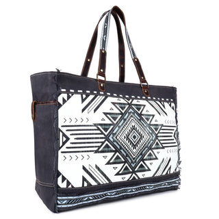 Upcycled Canvas & Leather Women’s Weekender Bag With Zipper Pockets, Black/White