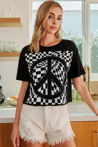 Fashion-W Checkerboard Peace Sign Printed Round Neck T Shirt
