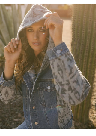 Ladies Denim with Aztec Fashion Jacket with Hood-L-25914