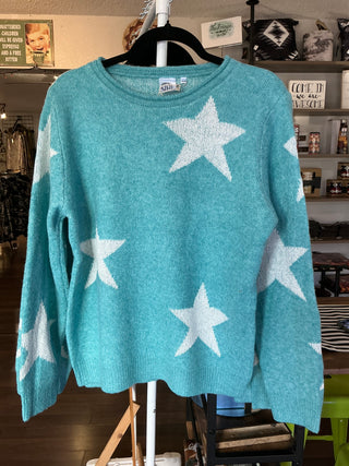 Turquoise Star Pattern Wool Crewneck Sweater