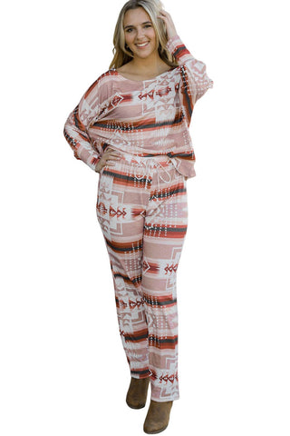 Multicolour Aztec Print Puff Sleeve Pullover and Pants Loung