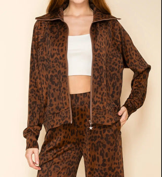 Brown Leopard Print Zip Up Jacket