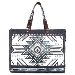 Upcycled Canvas & Leather Women’s Weekender Bag With Zipper Pockets, Black/White