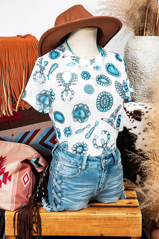 Western Turquoise Printed Crewneck Slim Fit Tee