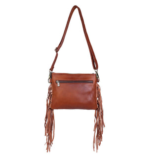 Leather Cowhide Fringed Women Sling - Tan White Floral