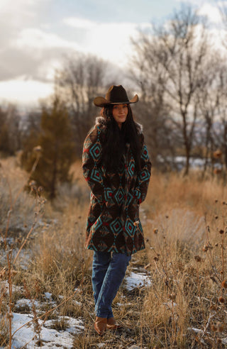 Ladies Long Aztec Jacket/ Coat with Removable Fur- L-25608