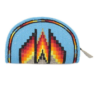 Native American Beaded Coin Purse With Zipper, Genuine Leather Chain, Czech Seed Beads