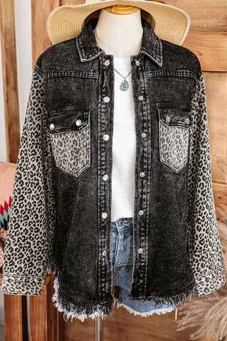 Western Leopard Patch Pocket Vintage Raw Hem Denim Jacket