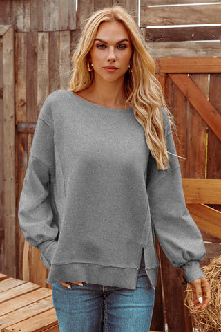 Waffle Knit Bishop Sleeve Split Oversized Sweatshirt